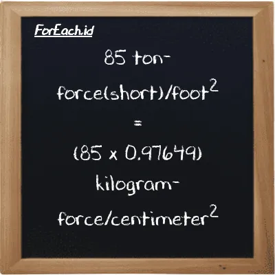 How to convert ton-force(short)/foot<sup>2</sup> to kilogram-force/centimeter<sup>2</sup>: 85 ton-force(short)/foot<sup>2</sup> (tf/ft<sup>2</sup>) is equivalent to 85 times 0.97649 kilogram-force/centimeter<sup>2</sup> (kgf/cm<sup>2</sup>)